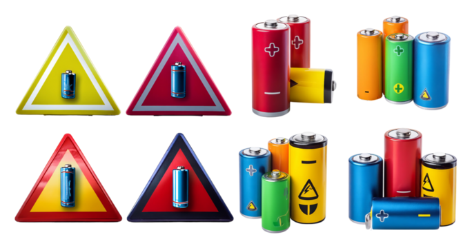 Colorful Battery Designs with Warning Signs for Energy Storage, isolated on transparent background