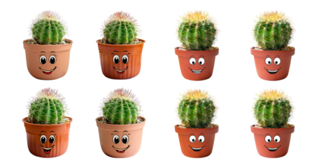Happy Cacti in Colorful Pots with Smiling Faces for Joyful Decor, isolated on transparent background
