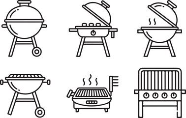 Collection of BBQ Grills in Outline Style, Different Types of Grills for Outdoor Cooking