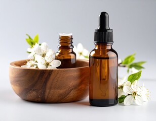 Essential oils in a wooden bowl