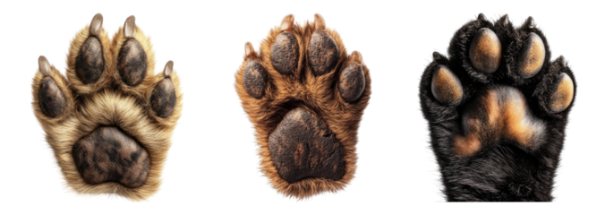 Three Distinct Animal Paw Prints on a White Background, PNG bundle collection, Isolated on Transparent Background