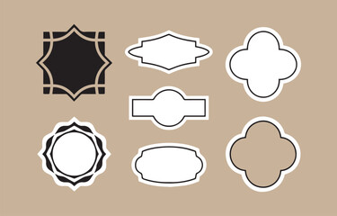 A collection of seven decorative graphic elements including a black starburst frame a black and white quatrefoil shape and several white empty frames with black outlines on a beige background