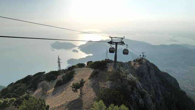 Babadag mountaintop landscape at sunset with cable car overlooking Oludeniz beach in Fethiye, Turkey