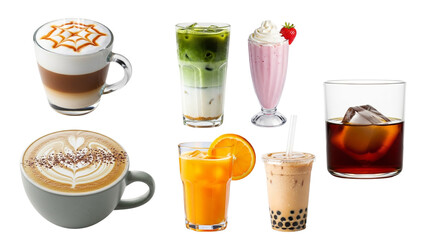 Assorted Refreshing Beverages Coffee Matcha Latte Milkshake Orange Juice Boba Tea Cold Brew Transparent Background.