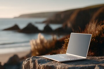 Coastal Laptop Remote Work, Digital Nomad Life, Ocean Views, and Beachside Productivity