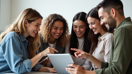Diverse group of friends joyfully interacting with a tablet sharing laughter and pointing at the screen