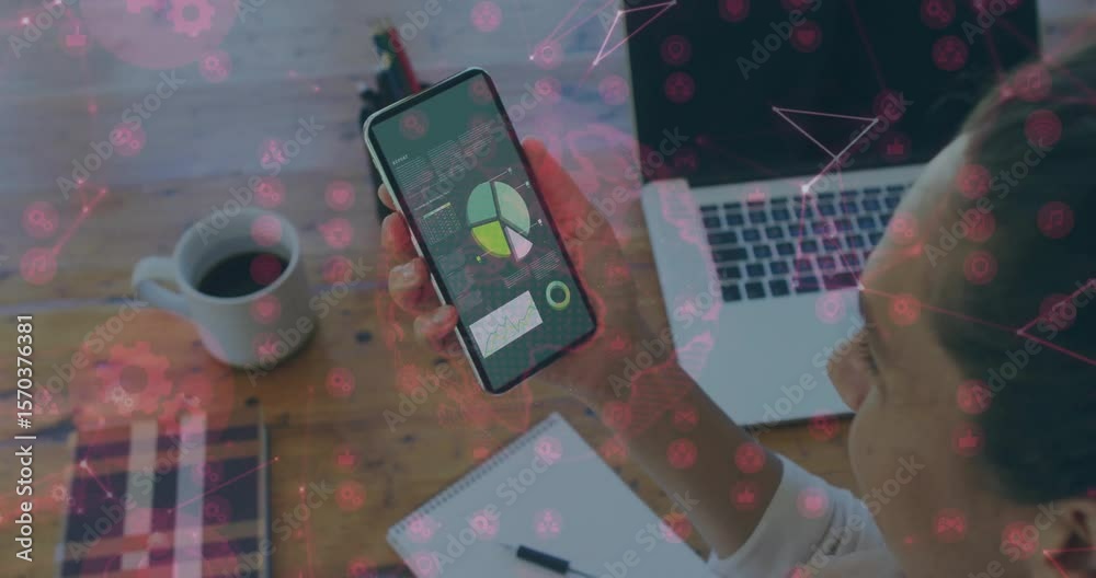 Poster hand holding smartphone with overlay pulsing and pointer tapping green pie slice updating data