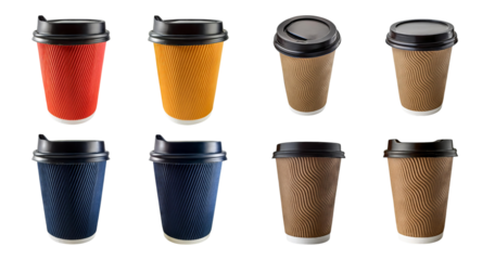 Colorful Disposable Coffee Cups on Isolated Background, isolated on transparent background