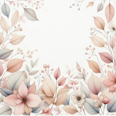 Pale autumn leaves and flowers - botanical design banner. Floral pastel watercolor border frame