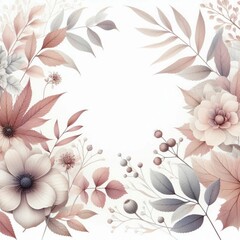 Pale autumn leaves and flowers - botanical design banner. Floral pastel watercolor border frame
