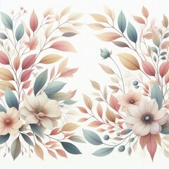 Pale autumn leaves and flowers - botanical design banner. Floral pastel watercolor border frame