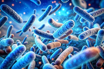 Close up microscopic view of vibrant blue and orange rod shaped bacteria cells floating in a bioluminescent environment