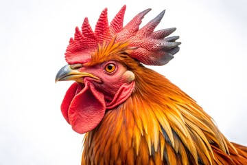 Close up portrait of a vibrant rooster with a striking red comb and detailed plumage against a clean white background