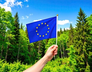 European Flag held in hand, forest background