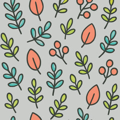 Simple, repeating pattern of stylized leaves and berries on a gray background.