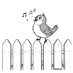 Fototapeta premium A cartoon bird with a tufted head sings happily while perched on a wooden fence, with musical notes floating around in a grayscale setting.
