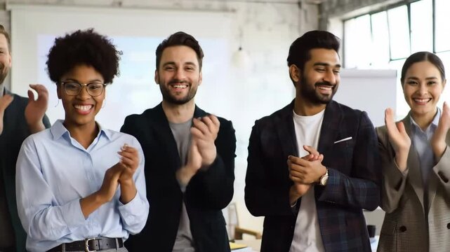 Diverse colleagues celebrate success Smiling faces show excitement and teamwork Hands raised in cheers affirm positive results in a bright office setting