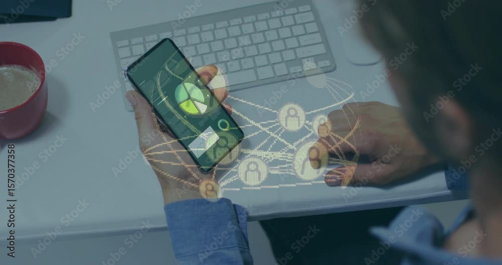 Poster network overlay fading over smartphone keyboard, office worker tapping screen for showing data flow