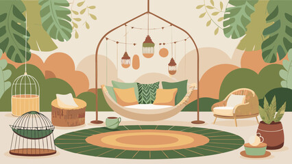 Green vector illustration of a summer garden in the park with a tree and flowers, perfect for a relaxing nature holiday
