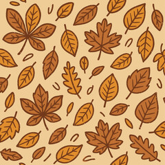 Autumnal leaf pattern design with various leaf shapes and colors.