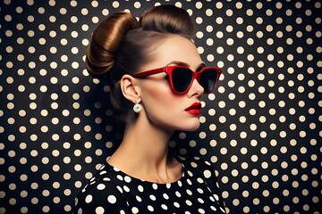 Glamorous woman with retro hairstyle and red sunglasses poses against a polka dot backdrop