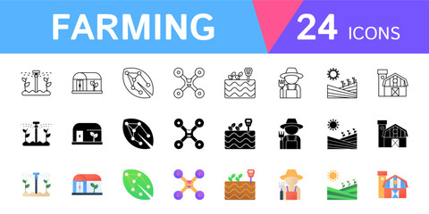 Modern agriculture themed icon collection. Symbol designs for irrigation systems, greenhouses, drones, soil sensors and more.