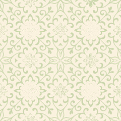 Elegant, repeating pattern featuring floral and ornate scrollwork in a soft, muted color palette.