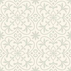 Seamless floral pattern with stylized leaves and flowers on a light background, creating a decorative repeat.