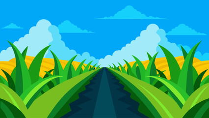 Obraz premium A vibrant spring landscape vector illustration featuring green grass, colorful flowers, a blue sky with clouds, and distant hills under the summer sun
