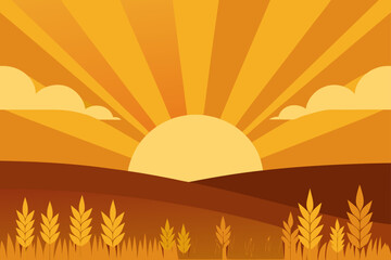Golden sunlight bathes the vast wheat field at sunset, a serene landscape illustration with a vibrant orange and yellow sky