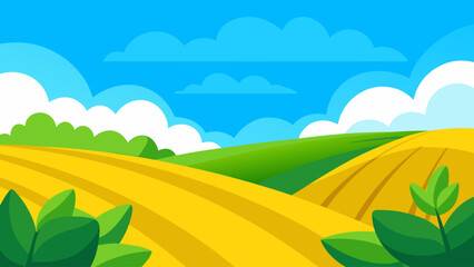 Obraz premium Green summer landscape with a blue sky and fluffy clouds over a grassy field