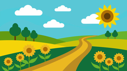 Fototapeta premium Golden summer landscape with a field of sunflowers under a vast blue sky, illustrating nature's rural beauty