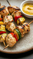 chicken kebab with zucchini and red pepper on one wooden skewer. An elegant light-gray plate with small brown specks and a brown rim, next to the plate is a small white bowl with yellow mustard sauce