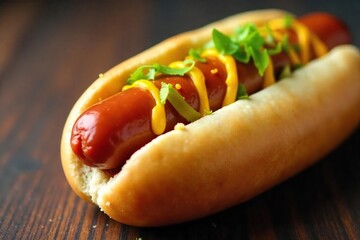 Juicy Frankfurter Hot Dog in Soft Bun with Mustard and Relish - Delicious Fast Food Photography for Menus and Food Blogs