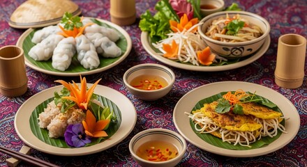 A table setting displays an array of beautifully presented Vietnamese dishes, showcasing diverse flavors and textures.