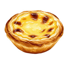 Watercolor Illustration Of Delicious Custard Tart with Golden Brown Pastry
