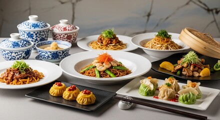 A lavish spread of Chinese cuisine, featuring noodles, dumplings, and various savory dishes, artfully arranged on a table.