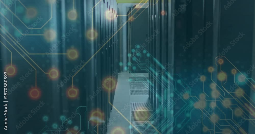 Poster on startup circuitry overlay drifting and pulsing across server corridor to simulate data flow
