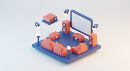 Obraz premium 3D rendered isometric home theater setup with comfortable seating, a large screen, and ambient lighting