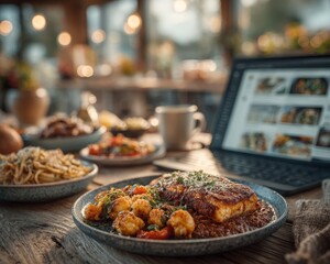Delicious plate with food beside laptop, sunlit table, blurry background