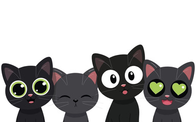 Obraz premium Four adorable stylized black cats with expressive eyes kittens grey