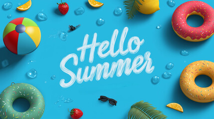 A Vibrant Summer Welcome: A cheerful composition of summertime essentials, including a lifebuoy, sunglasses, fresh fruits and delicious donuts, all set against a refreshing blue backdrop.