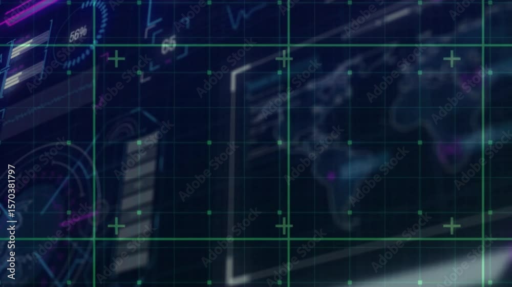 Poster On loading HUD showing gauge fluctuating, chart updating, grid pulsing visualizing live metrics