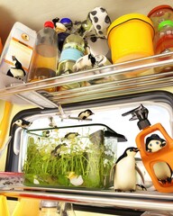 Futuristic kitchen with nature-inspired appliances, including a fridge using penguin-like insulation, bathed in soft natural light and ultra-clean design.