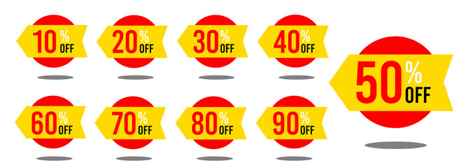 10% off 20% off 30% off 40% off 50% off 60% off 70% off 80% off 90% off ten twenty thirty forty fifty sixty seventy eighty ninety percent off, retail discount, promotion, sale, percentage, set.