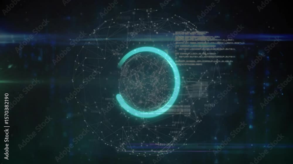 Poster on start sphere glowing while cyan arc expanding indicating loading progress with scrolling text