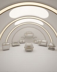 Futuristic kitchen with nature-inspired appliances, including a fridge using penguin-like insulation, bathed in soft natural light and ultra-clean design.