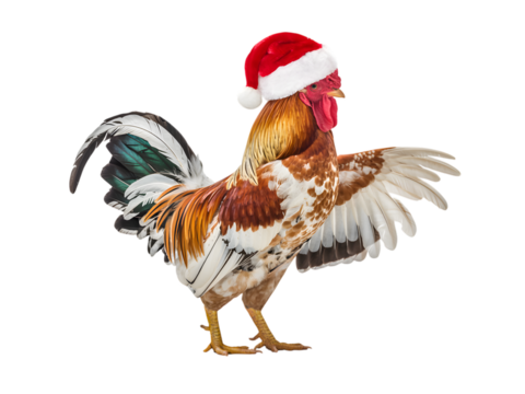 Christmas Rooster Festive Farm Animal in Santa Hat isolated on transparent background