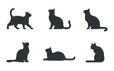 Six feline silhouettes in various poses cats sitting
