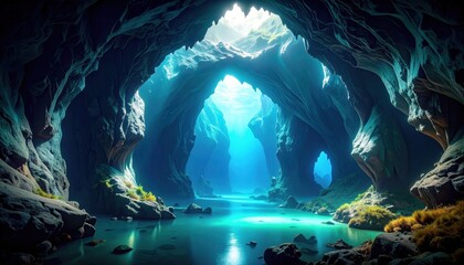 Obraz premium Serene Underground Cave with Glowing Blue Water and Lush Greenery Surrounded by Majestic Rock Formations and Natural Light Illuminating the Scene
